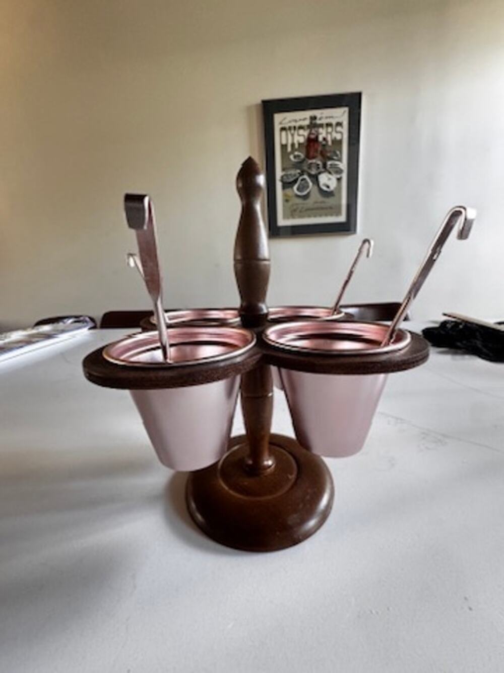 Vintage Artwood Japan MCM Wood Condiment Caddy Revolving Server Copper Cups Foil